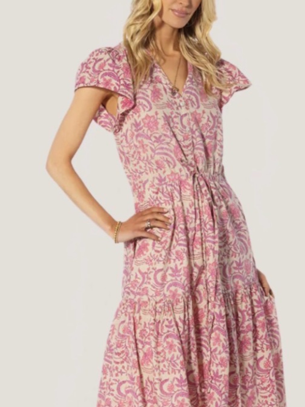 dylan Pink Floral Midi Dress with Tie Waist